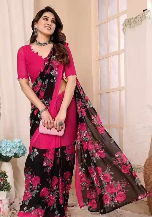 Women's Trendy Floral Printed Georgette Saree with Blouse Material