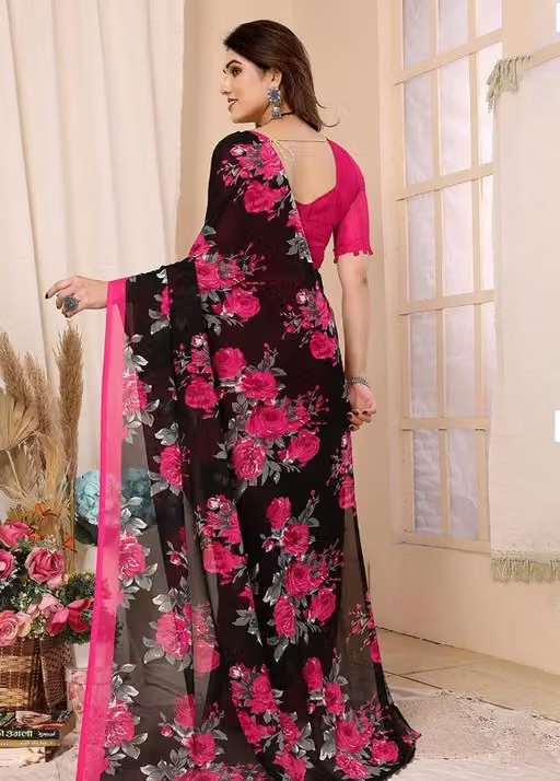 Women's Trendy Floral Printed Georgette Saree with Blouse Material - Image 2