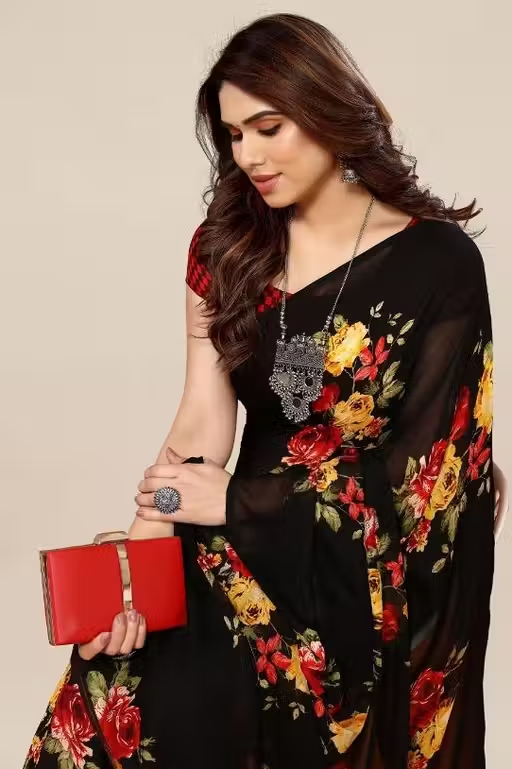 Women's Trendy Floral Printed Georgette Saree with Blouse Material