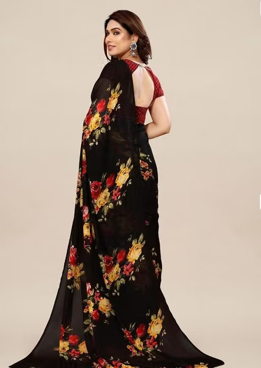 Women's Trendy Floral Printed Georgette Saree with Blouse Material - Image 2