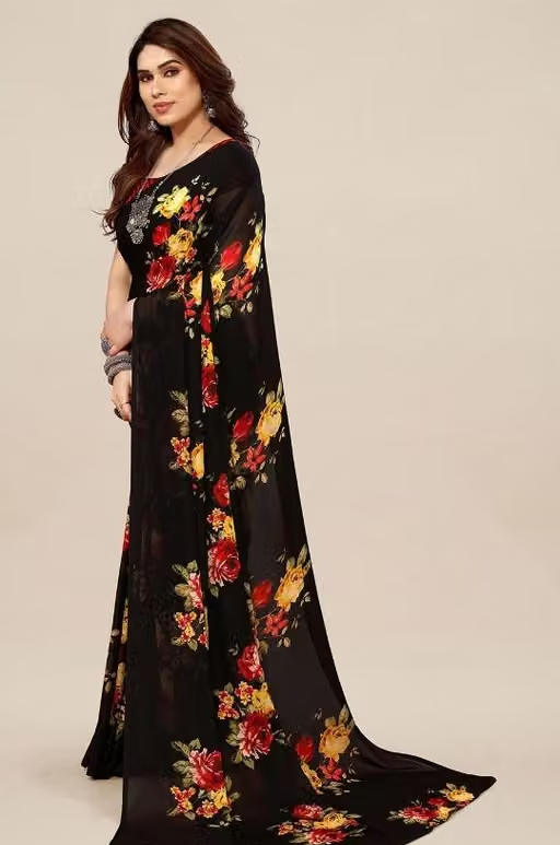 Women's Trendy Floral Printed Georgette Saree with Blouse Material - Image 4