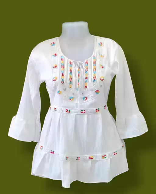 White Cotton Blend Bell Sleeves Top for Women