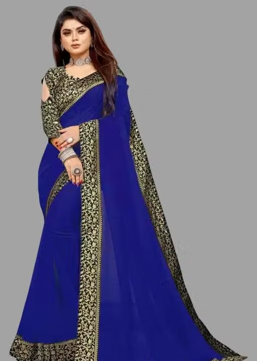 Elegant Georgette Silk Saree with Delicate Vell-Pattern Lace and Brocade Detailing – Ideal for Festive Occasions