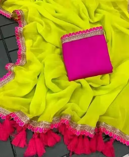 Stylish Green Georgette Saree – Luxurious Fabric Featuring Gorgeous Pink Lace Embroidery and Cotton Latkan – Ideal for Celebratory Occasions!