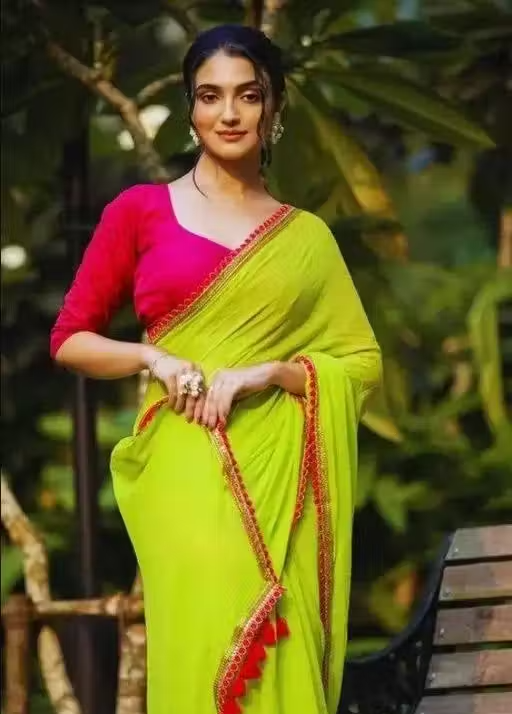 Stylish Green Georgette Saree – Luxurious Fabric Featuring Gorgeous Pink Lace Embroidery and Cotton Latkan – Ideal for Celebratory Occasions! - Image 2