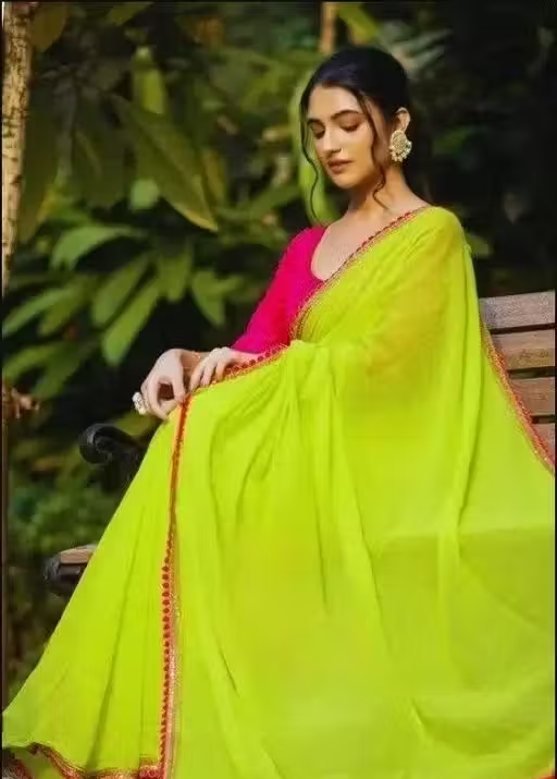 Stylish Green Georgette Saree – Luxurious Fabric Featuring Gorgeous Pink Lace Embroidery and Cotton Latkan – Ideal for Celebratory Occasions! - Image 3