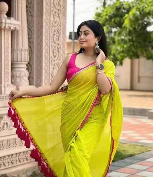 Stylish Green Georgette Saree – Luxurious Fabric Featuring Gorgeous Pink Lace Embroidery and Cotton Latkan – Ideal for Celebratory Occasions! - Image 3
