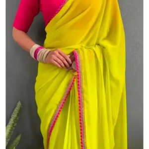 Stylish Green Georgette Saree â€“ Luxurious Fabric Featuring Gorgeous Pink Lace Embroidery and Cotton Latkan â€“ Ideal for Celebratory Occasions!