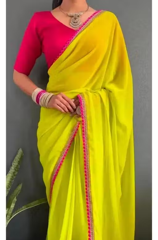 Stylish Green Georgette Saree – Luxurious Fabric Featuring Gorgeous Pink Lace Embroidery and Cotton Latkan – Ideal for Celebratory Occasions!