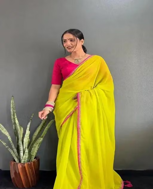 Stylish Green Georgette Saree – Luxurious Fabric Featuring Gorgeous Pink Lace Embroidery and Cotton Latkan – Ideal for Celebratory Occasions! - Image 2