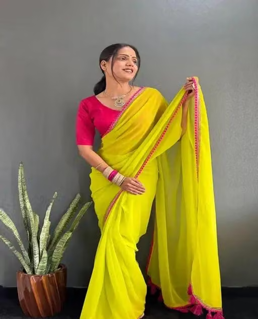 Stylish Green Georgette Saree – Luxurious Fabric Featuring Gorgeous Pink Lace Embroidery and Cotton Latkan – Ideal for Celebratory Occasions! - Image 3