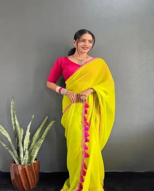 Stylish Green Georgette Saree – Luxurious Fabric Featuring Gorgeous Pink Lace Embroidery and Cotton Latkan – Ideal for Celebratory Occasions! - Image 4