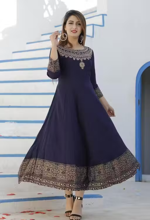 Women's Printed Rayon Long Anarkali Kurti