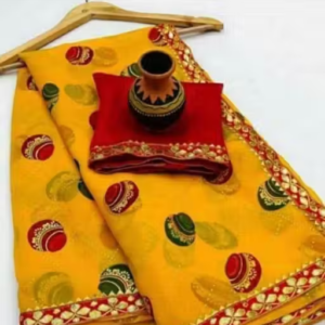 Yellow colored Matka Georgette Saree with Lace border and Blouse , bandhej sarees , BANDHANI SAREES , TRENDING SAREES , BANDHEJ SAREES , PURE GEORGETTE SAREES , SOFT GEORGETTE SAREES , BANDHNI SAREES , bandhani sarees