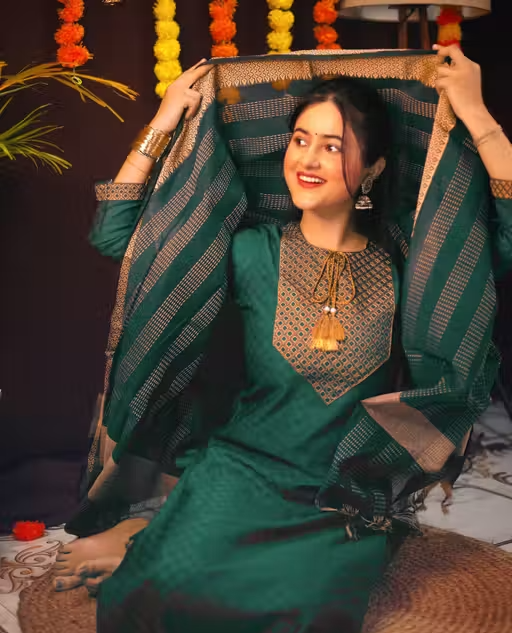 cotton embroidered kurti pant set for women||pure cotton kurti pant set||festive cotton kurti pant set