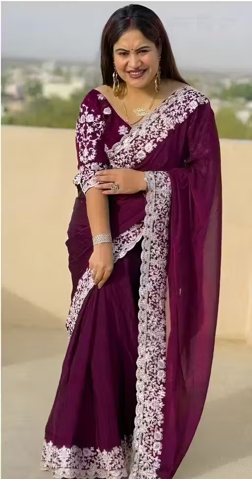 Georgette Embroidered Saree With Blouse, Bollywood Stylish Fancy Party Wear Saree - Image 2
