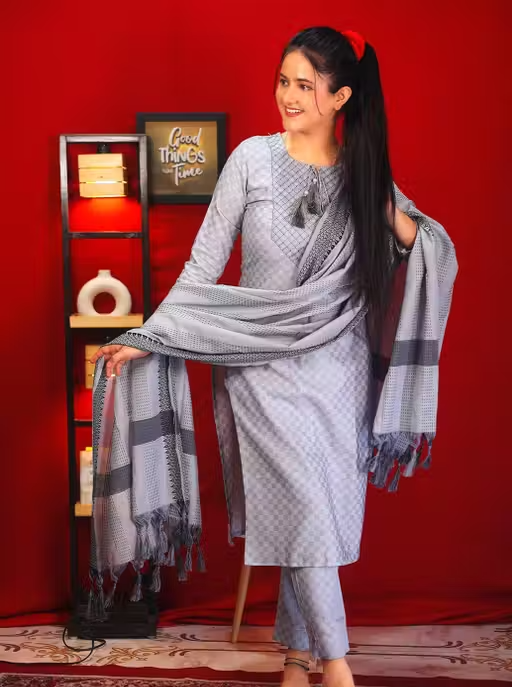 cotton embroidered kurti pant set for women||pure cotton kurti pant set||festive cotton kurti pant set