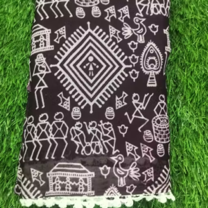 Gullak New Printed Georgette Saree with Warli Print and Pom -Pom border
