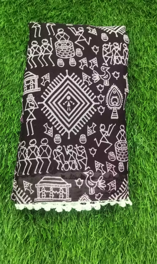 Gullak New Printed Georgette Saree with Warli Print and Pom -Pom border