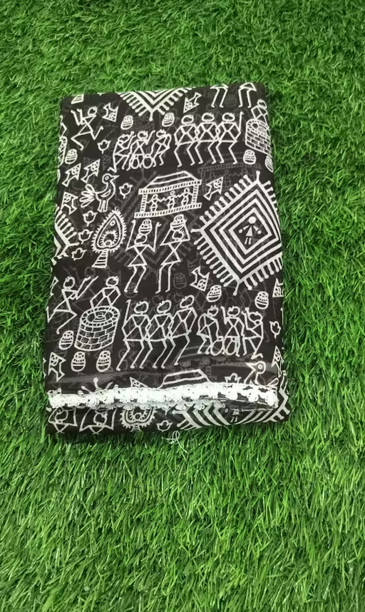 Gullak New Printed Georgette Saree with Warli Print and Pom -Pom border - Image 4