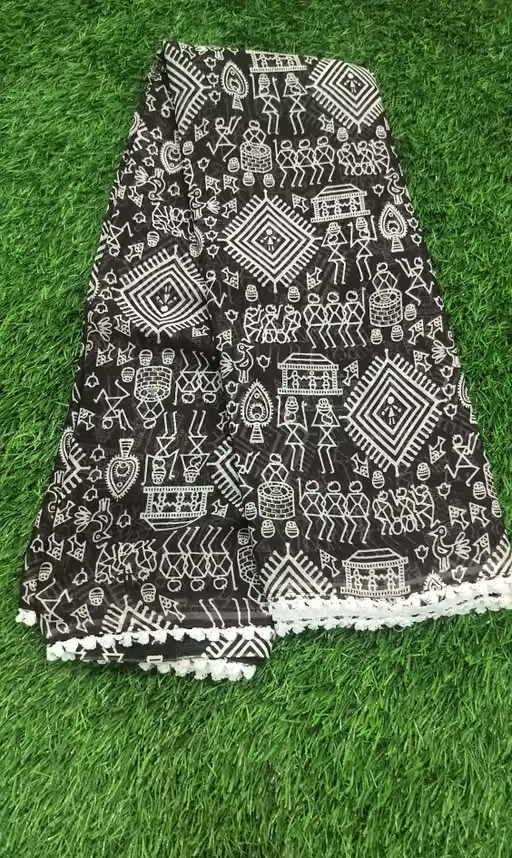 Gullak New Printed Georgette Saree with Warli Print and Pom -Pom border - Image 3