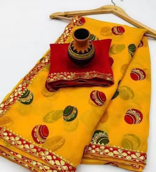Trending Foil Saree All new Design (Yellow) , bandhani sarees , bandhni sarees , bandhej sarees , bandhani sarees new collection , trending sarees , foil print sarees , soft georgette sarees , pure georgette sarees