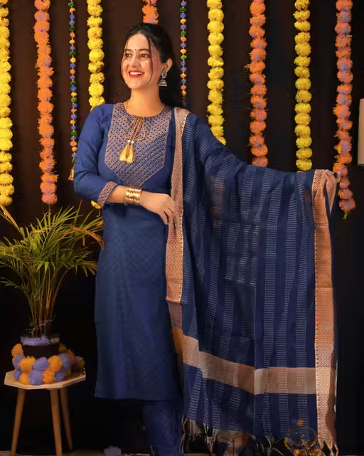 cotton embroidered kurti pant set for women||pure cotton kurti pant set||festive cotton kurti pant set - Image 4