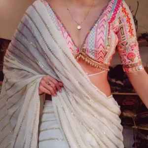 Georgette Embroidered Elegant White Color Sreee With Blouse || Saree For Women || Trending Saree For Women || Bollywood Stylish Fancy Party Wear Wedding Festive Bridal Sari