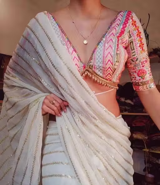 Georgette Embroidered Elegant White Color Sreee With Blouse || Saree For Women || Trending Saree For Women || Bollywood Stylish Fancy Party Wear Wedding Festive Bridal Sari