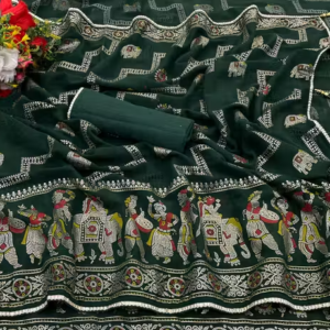 Geometric Elephant Print Georgette Golden Foil Printed Saree With Banglore Silk un-stitched Blouse