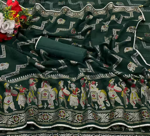 Geometric Elephant Print Georgette Golden Foil Printed Saree With Banglore Silk un-stitched Blouse