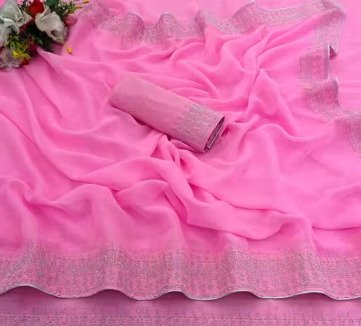 Women's Hot Fixing Poly Georgette Saree with Unstitched PARTYWEAR SAREE