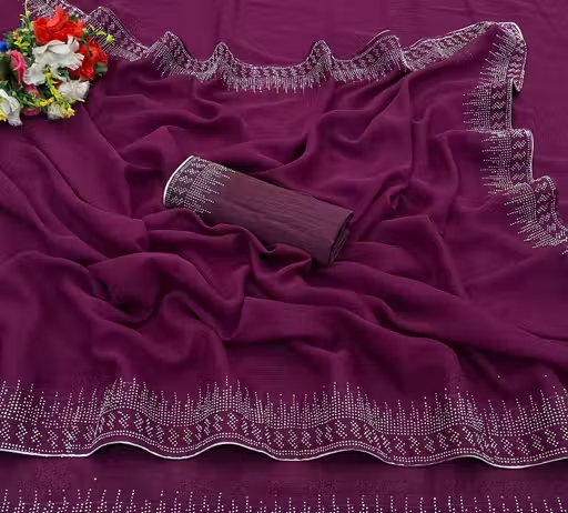 Women's Hot Fixing Poly Georgette Saree with Unstitched PARTYWEAR SAREE