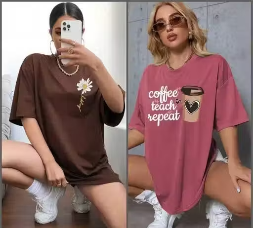 Fancy Stylish Printed Oversized Round Neck Women's T-Shirts (Combo Pack of 2)
