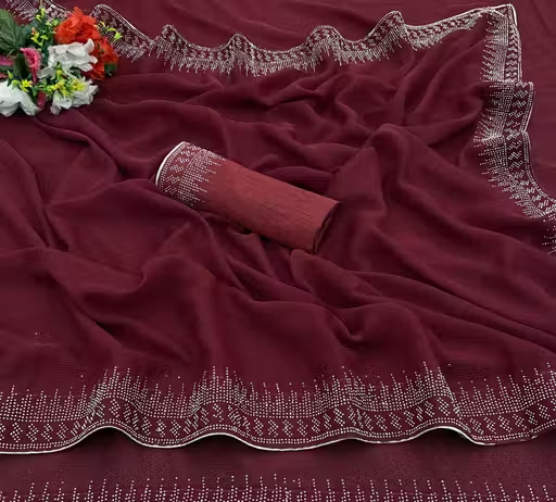 Women's Hot Fixing Poly Georgette Saree with Unstitched PARTYWEAR SAREE