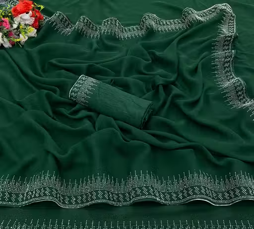 Women's Hot Fixing Poly Georgette Saree with Unstitched PARTYWEAR SAREE