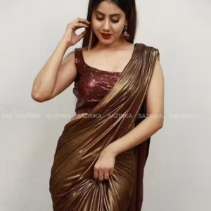 Coffee Lycra Blend Saree With Blouse