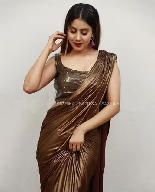 Coffee Lycra Blend Saree With Blouse