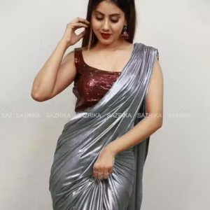 Grey Lycra Blend Saree With Blouse