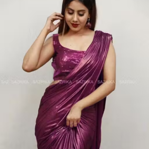 Wine Lycra Blend Saree With Blouse