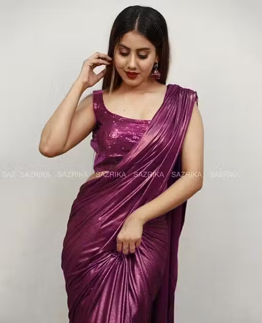 Wine Lycra Blend Saree With Blouse