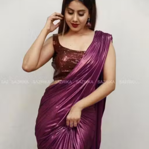 Wine Coloured Lycra Blend Saree With Blouse