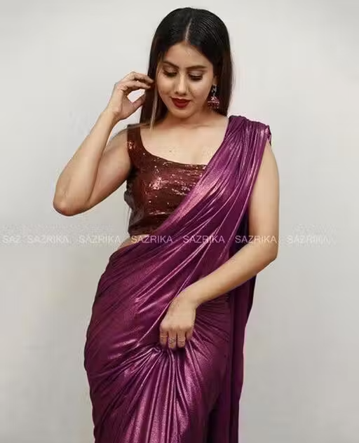 Wine Coloured Lycra Blend Saree With Blouse