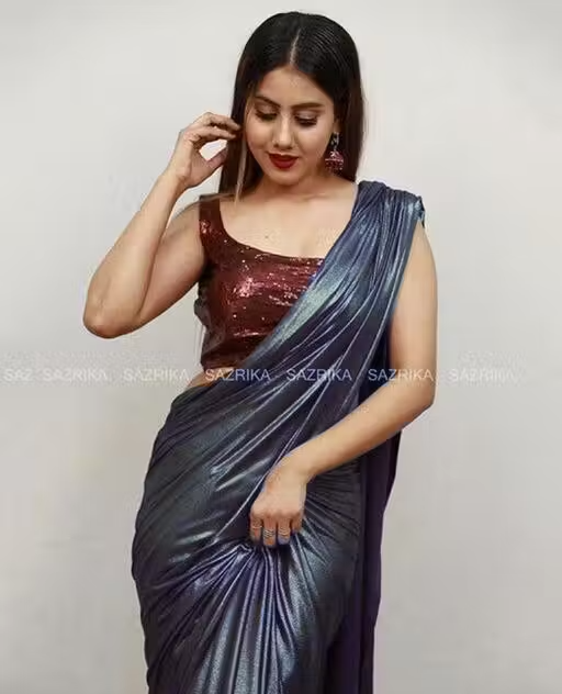 Blue Lycra Blend Saree With Blouse