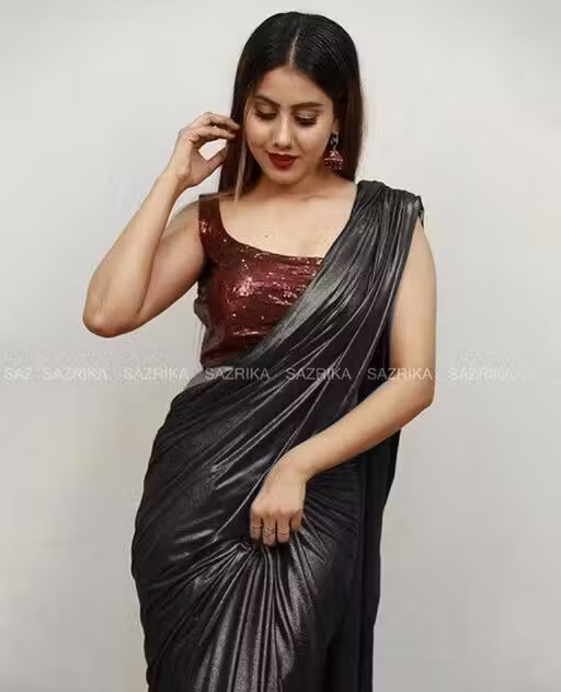 Black Lycra Blend Saree With Blouse