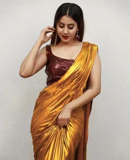 Yellow Lycra Blend Saree With Blouse