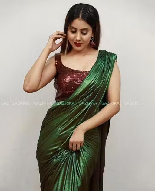 Lycra Green saree with Blouse - Image 2