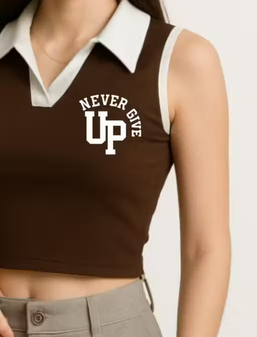 Stylish Sleeveless Maroon Crop Top with White Collar & "Never Give Up" Print - Image 4