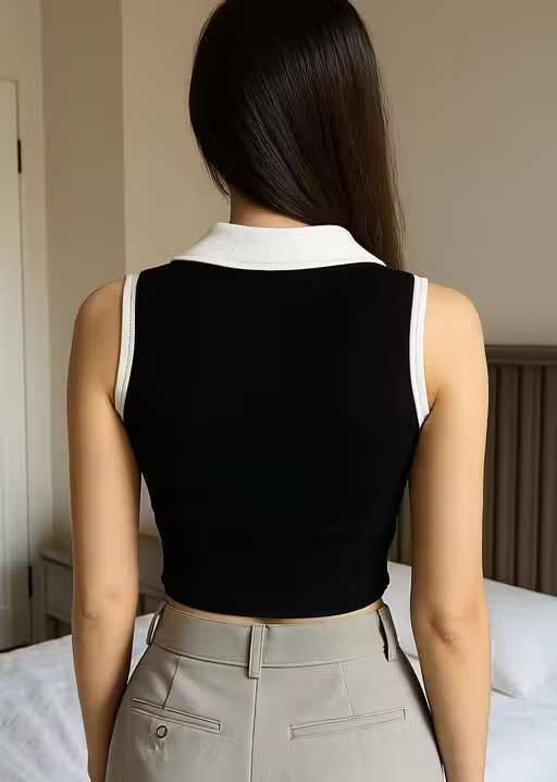 Stylish Sleeveless Maroon Crop Top with White Collar & "Never Give Up" Print - Image 2