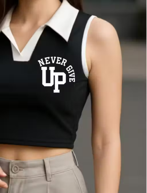 Stylish Sleeveless Maroon Crop Top with White Collar & "Never Give Up" Print - Image 3